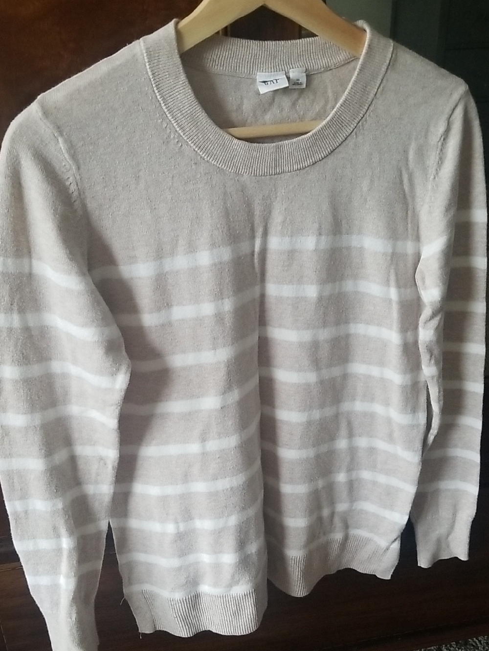 GAP Beige and White Striped Crewneck Sweater